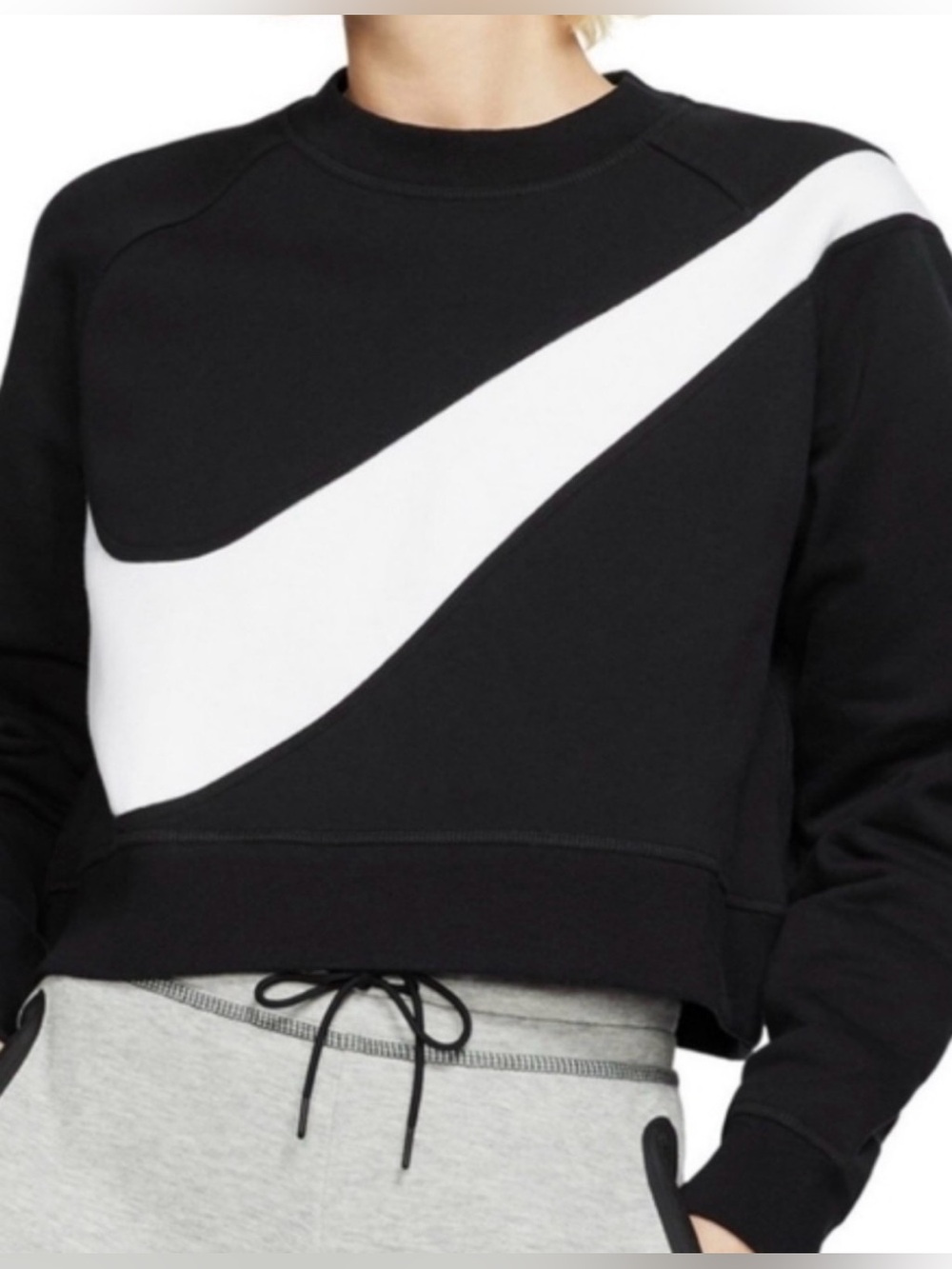Nike Oversized Swoosh Cropped Crewneck Sweatshirt Black & White